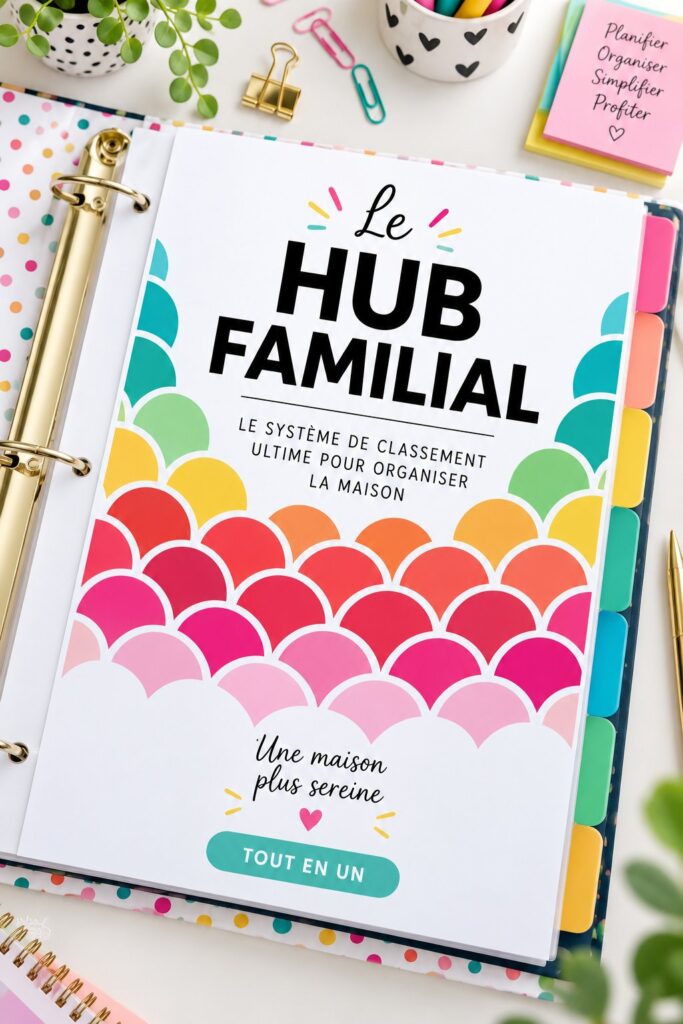 Un classeur de gestion familiale ouvert avec des onglets colorés et des notes.