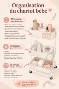 Poussette bien organisée avec accessoires pratiques pour bébé.
