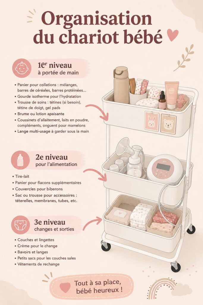 Poussette bien organisée avec accessoires pratiques pour bébé.