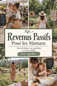 Maman travaillant sur son ordinateur portable à la maison, cherchant des idées de revenus passifs.