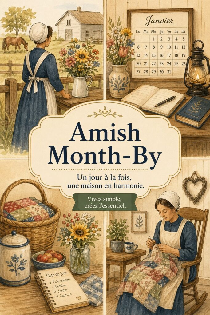 Illustration d'une famille réunie autour d'une table, symbolisant la vie simple et organisée à la manière des Amish.
