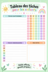 Un tableau des tâches coloré pour enfants, présenté avec des activités ludiques.