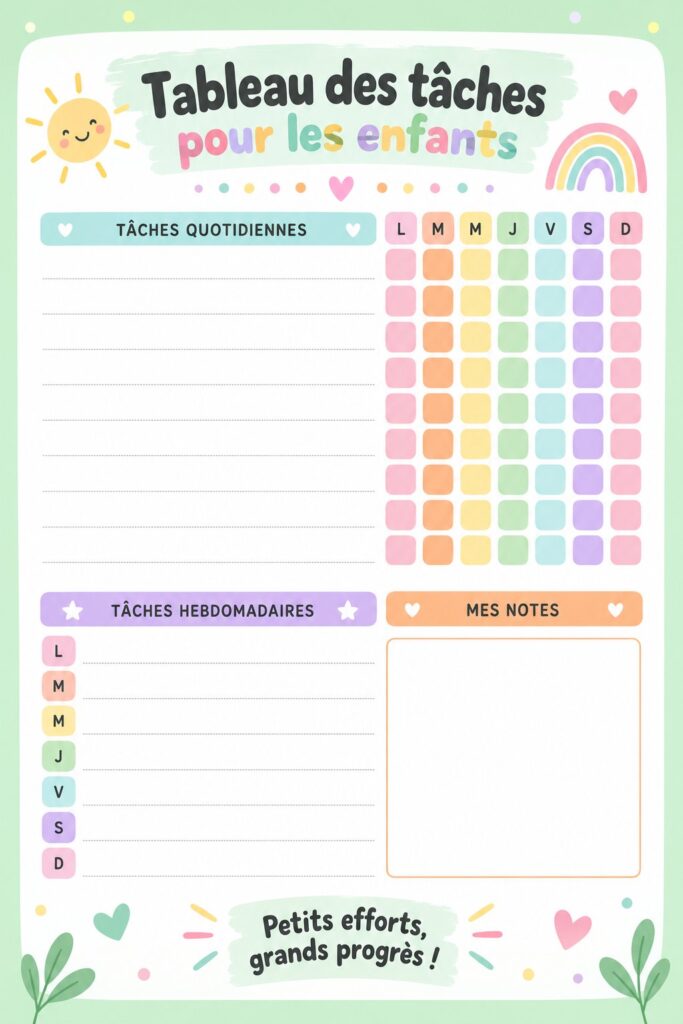 Un tableau des tâches coloré pour enfants, présenté avec des activités ludiques.