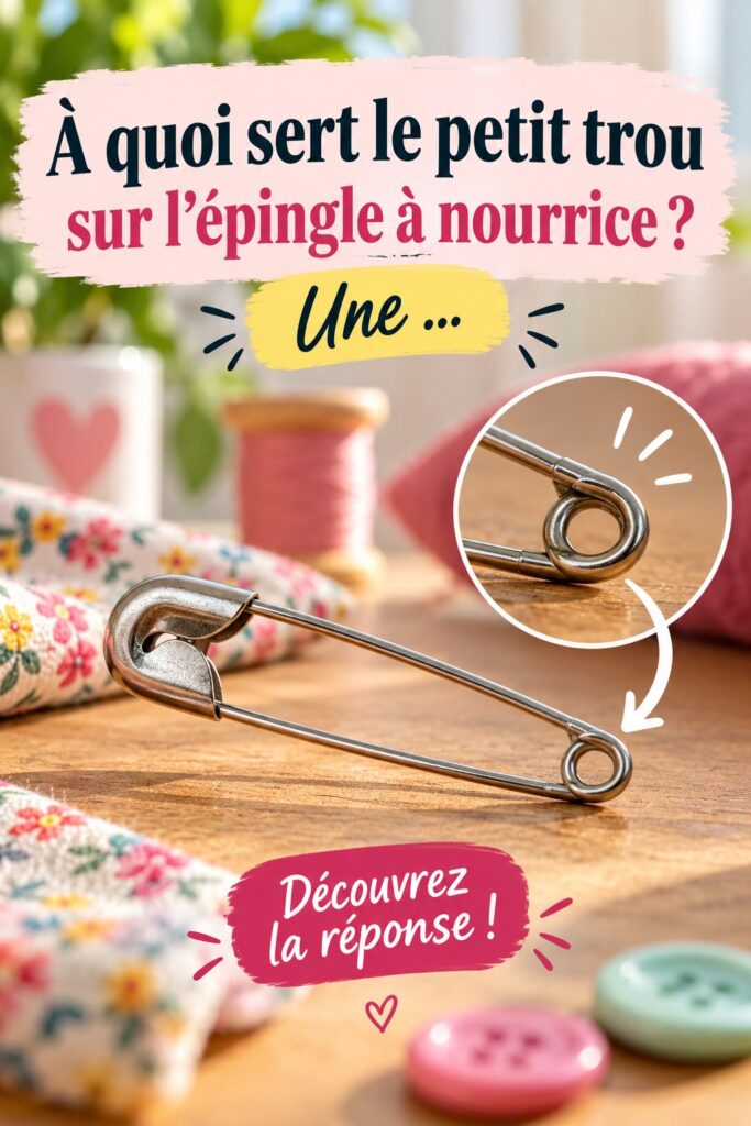 Une épingle à nourrice avec un petit trou mettant en avant ses utilisations.