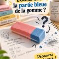 Gomme bleue illustrant ses usages pratiques dans un cadre scolaire.