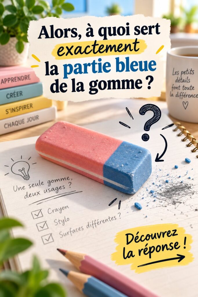 Gomme bleue illustrant ses usages pratiques dans un cadre scolaire.