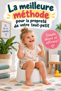 Un enfant souriant devant un pot, prêt pour l'apprentissage des toilettes.