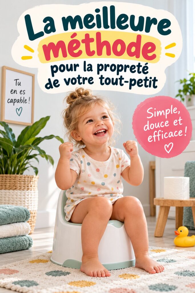 Un enfant souriant devant un pot, prêt pour l'apprentissage des toilettes.