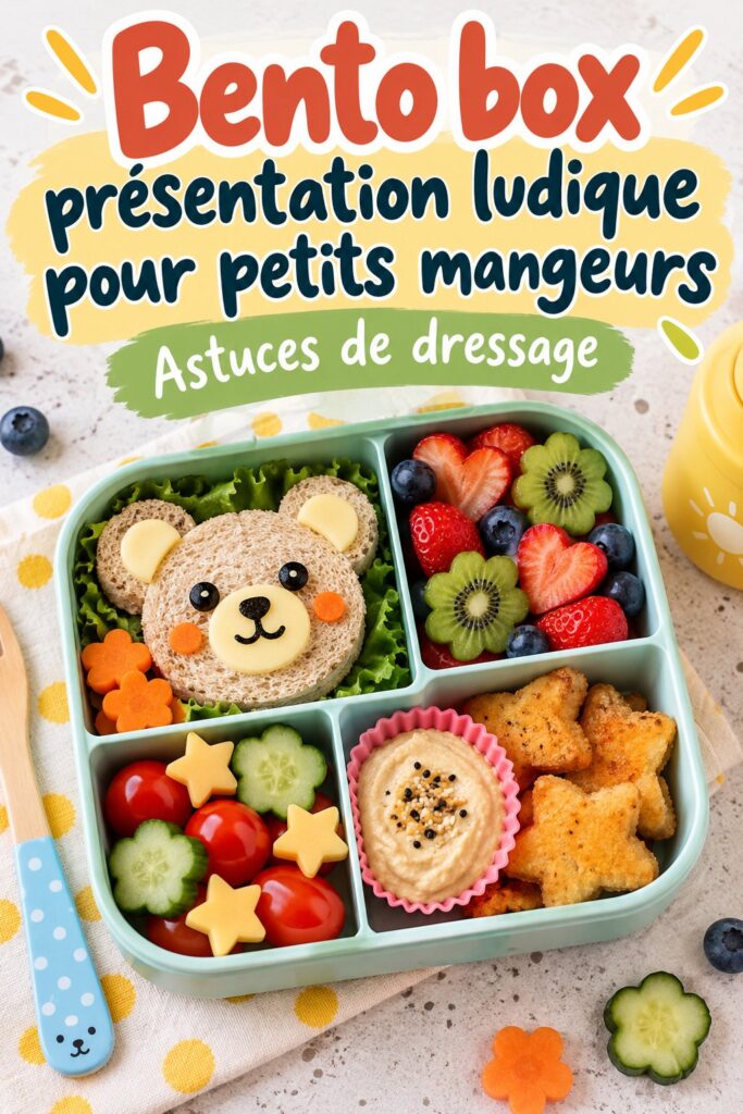Bento box colorée pour enfants avec des fruits et légumes coupés de manière ludique.