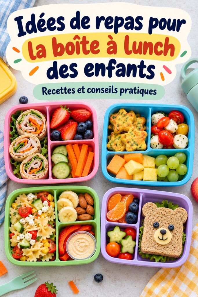 Une lunch box colorée remplie de légumes et fruits pour le déjeuner d'un enfant.