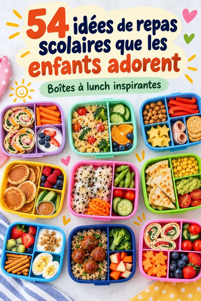 Une lunch box colorée avec des fruits, des légumes et des sandwichs pour enfants.
