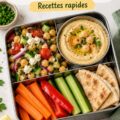 Boîte à lunch avec houmous et pois chiches, légumes frais et pain pita.