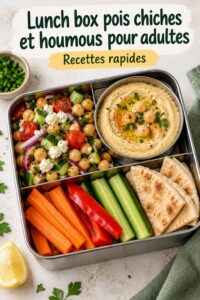 Boîte à lunch avec houmous et pois chiches, légumes frais et pain pita.