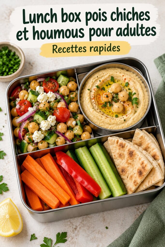 Boîte à lunch avec houmous et pois chiches, légumes frais et pain pita.