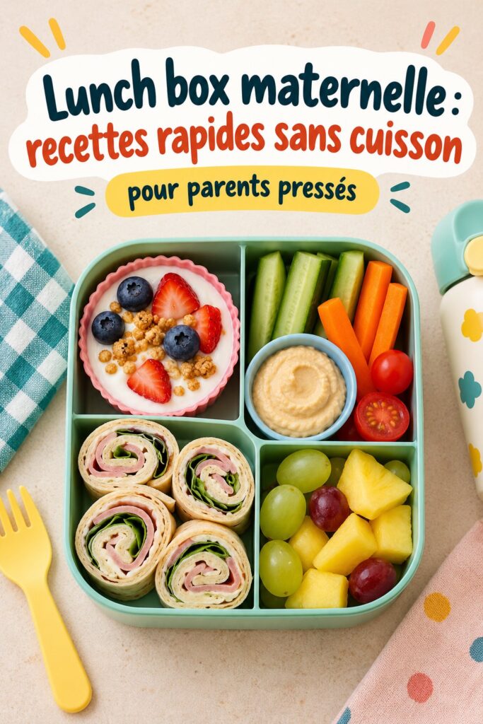 Lunch box colorée avec des aliments variés et sains pour enfants en maternelle.
