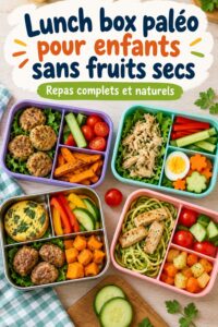 Lunch box paléo pour enfants sans fruits secs avec des légumes et protéines.