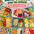Une lunch box colorée pour enfants avec des fruits et des snacks variés.