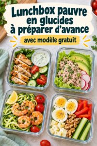 Lunchbox pauvre en glucides préparée avec des légumes et des protéines saines.