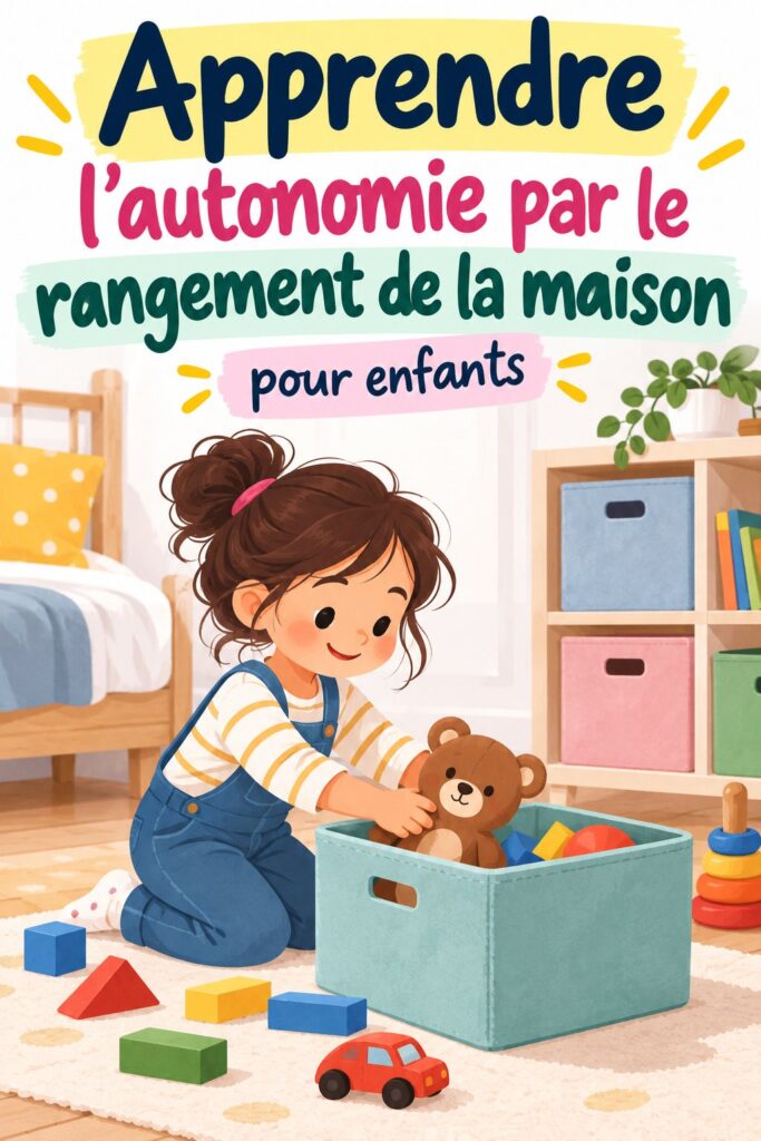 Enfant rangeant ses jouets dans une boîte, symbole d'autonomie.