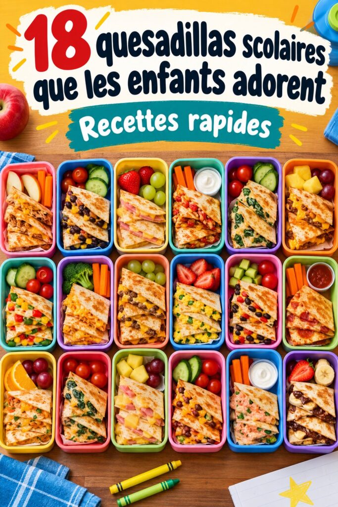Assiette avec quesadillas dorées garnies de légumes colorés, prêtes pour le déjeuner scolaire.