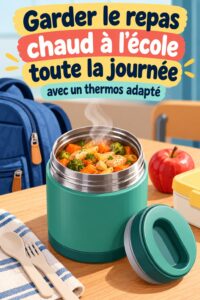 Un thermos rempli de repas chaud pour enfants, prêt pour l'école.
