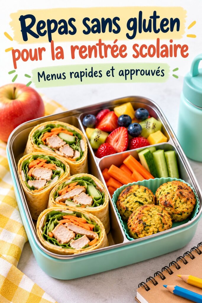 Déjeuner équilibré sans gluten pour enfants sur une table avec des fruits et légumes